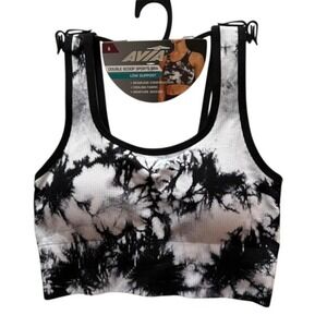 Avia Womens Double Scoop Sports Bra Black White Tie Dye Ribbed Low Support S